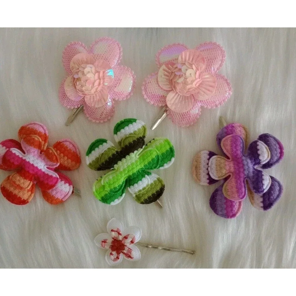 Girl's Lot Of 6 Handmade Assorted Flower Hair Clips Girl's Accessories Colorful